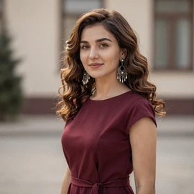 Aigerim, a 27-year-old Kyrgyz woman from Jalal-Abad wearing burgundy dress seeking Western husband for marriage
