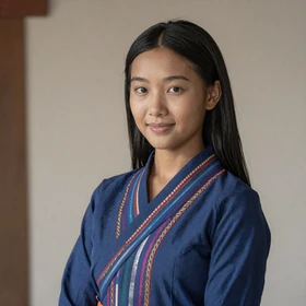 Tshering, a 26-year-old Bhutanese woman from Thimphu wearing traditional kira seeking Western husband