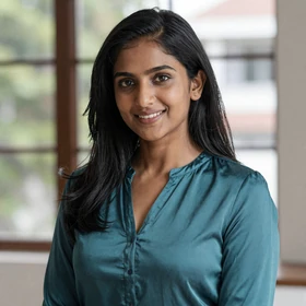 Priya Nair, a 30-year-old Singaporean Indian woman with long black hair and confident smile seeking American husband