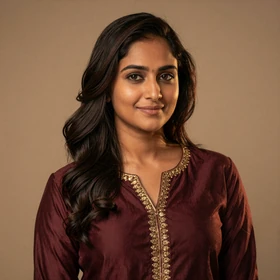 Priya, a 27-year-old Indian woman from Mumbai with long dark hair wearing traditional maroon kurta seeking Western partner