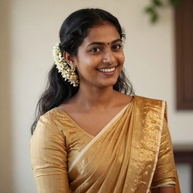 Kavitha, a 26-year-old Tamil woman from Chennai with jasmine flowers in her hair wearing yellow saree seeking Western partner