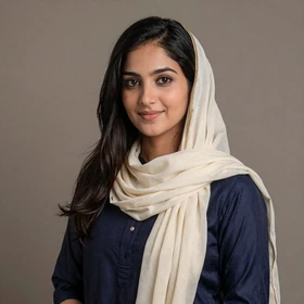 Zara, a 29-year-old Pakistani woman from Islamabad wearing professional attire seeking American partner