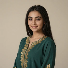 Farangis, a 26-year-old Tajik woman from Dushanbe wearing traditional emerald dress seeking Western husband